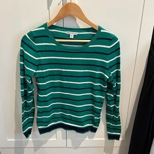 J. Crew Green and Navy Striped Crew Neck Sweater